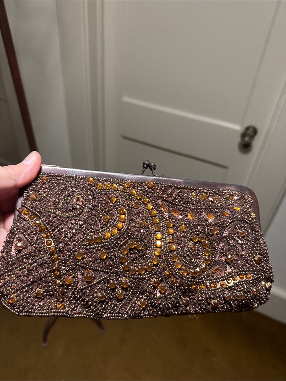 Lord & Taylor Brown Beaded Clutch with Amber Bead Accents